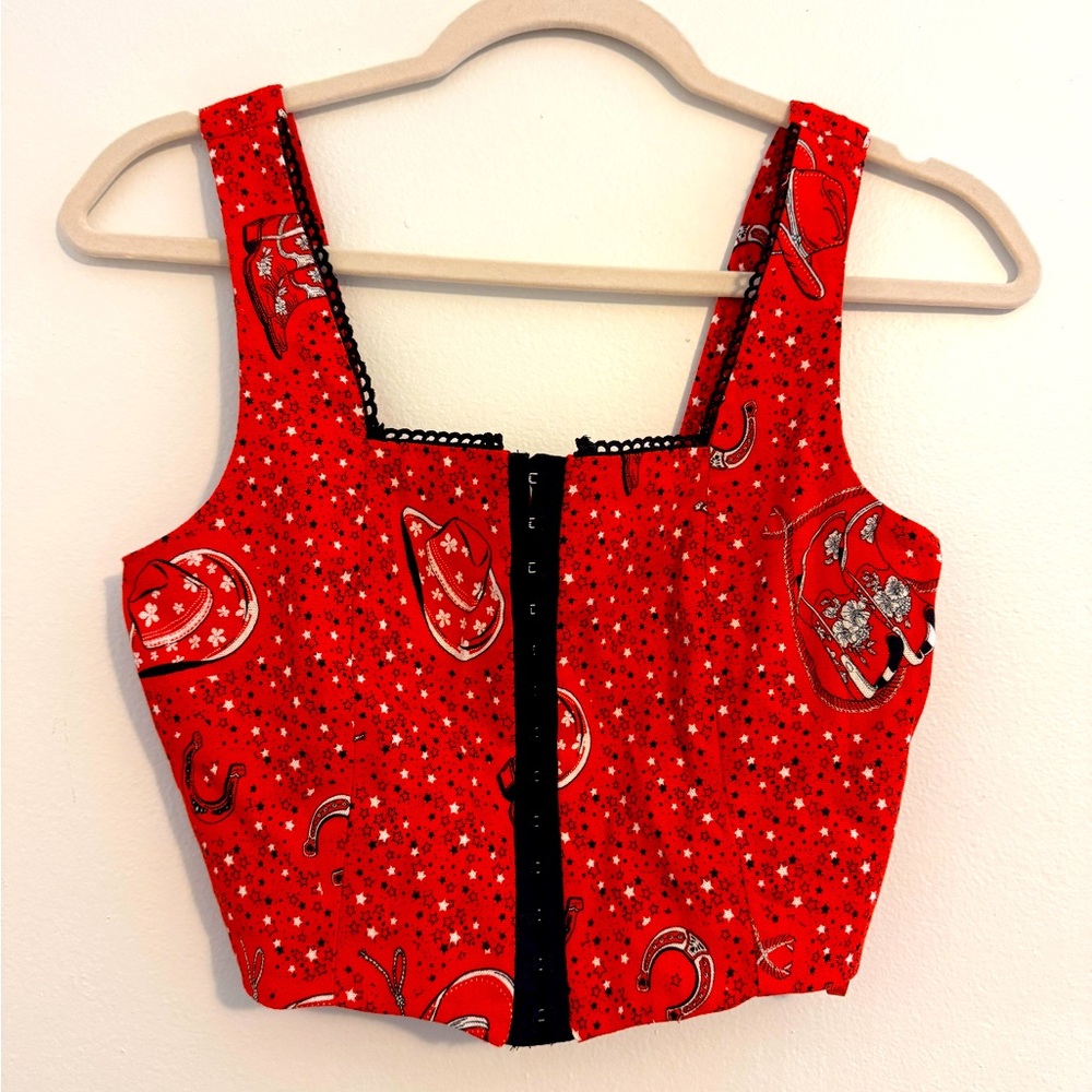 Monteau Red Linen Crop Corset Top Western Cowboy Rodeo Horseshoe Equestrian  S